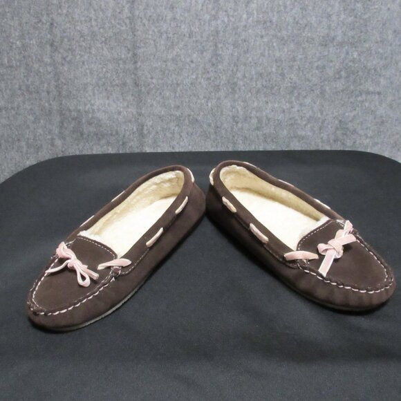L.L. Bean Suede Leather Shearling Slippers Ribbon Womens 7 - Picture 8 of 10